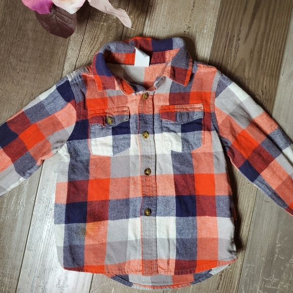 Healthtex Orange Blue White Checked Plaid Button Down Flannel Shirt Size 4T EUC - Picture 5 of 15